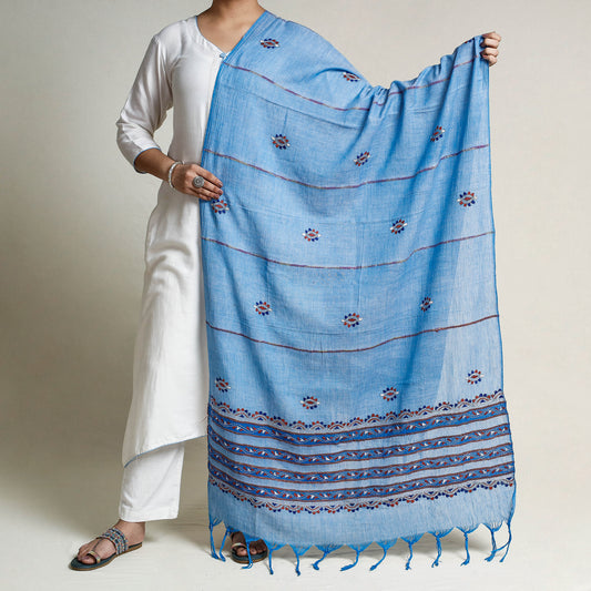 Blue - Bengal Kantha Embroidery Khes Handwoven Cotton Dupatta with Tassels