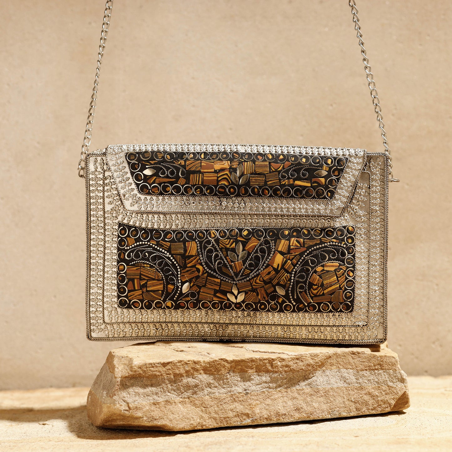 Green - Handmade Vintage Metal & Mosaic Stone Clutch / Sling Bag