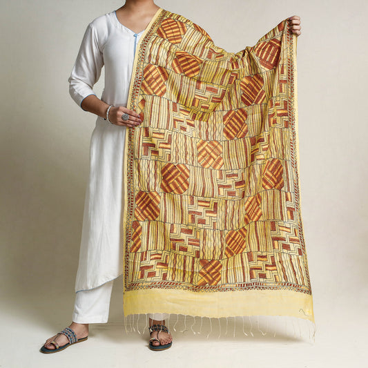 Yellow - Bengal Kantha Embroidery Tussar Silk Cotton Handloom Dupatta with Tassels