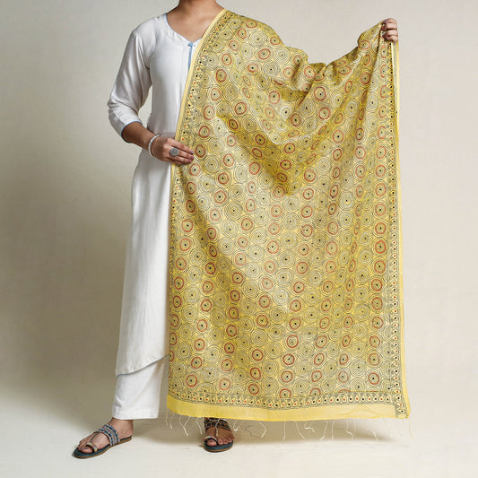 Yellow - Bengal Kantha Embroidery Tussar Silk Cotton Handloom Dupatta with Tassels 21