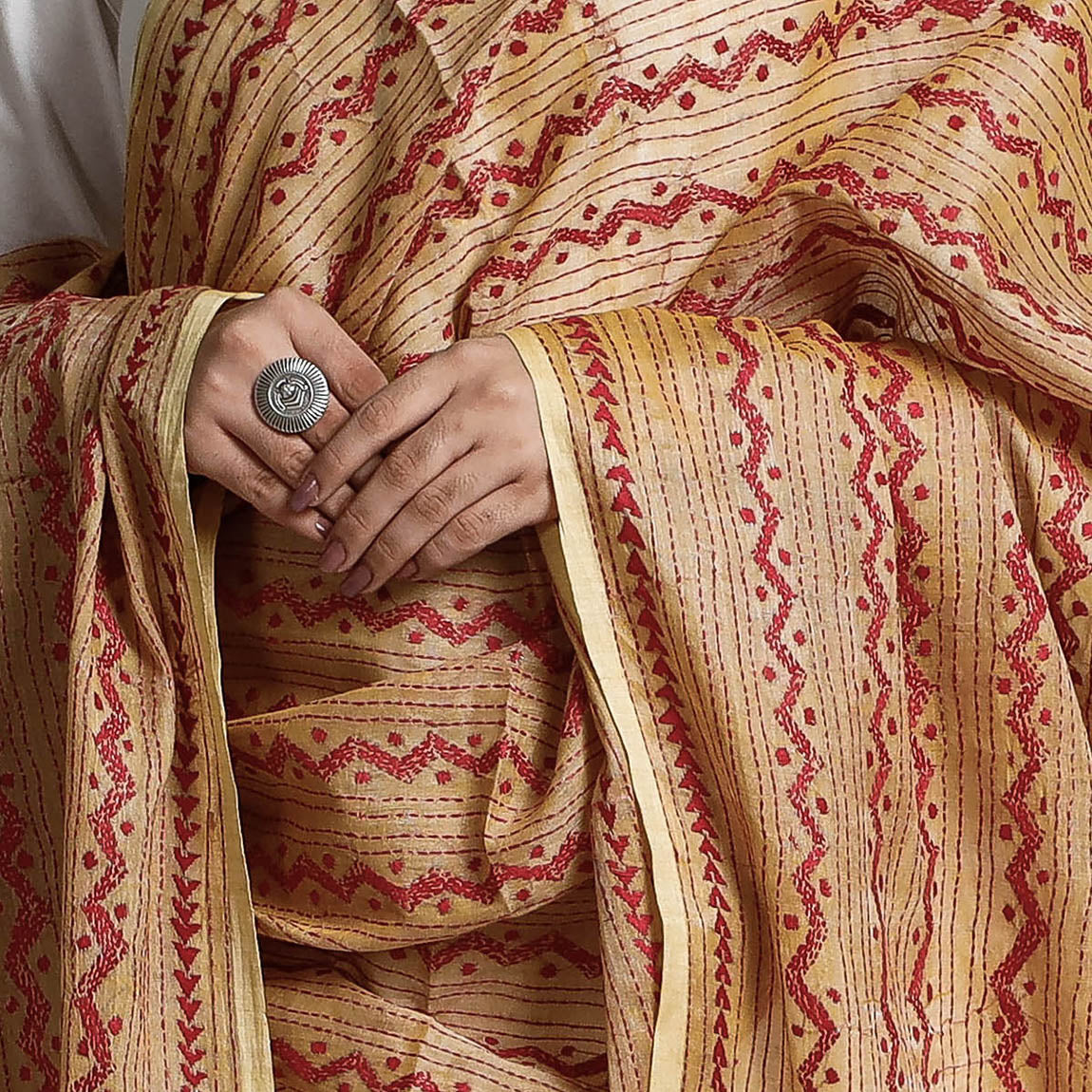 Beige - Bengal Kantha Embroidery Tussar Silk Cotton Handloom Dupatta with Tassels 22
