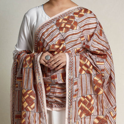Peach - Bengal Kantha Embroidery Tussar Silk Cotton Handloom Dupatta with Tassels 18