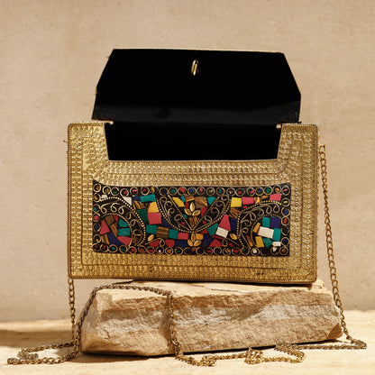 Beige - Handmade Vintage Metal & Mosaic Stone Clutch / Sling Bag