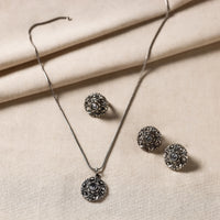 Antique Silver Finish Oxidised Brass Base Stone Work Necklace Set with Ring