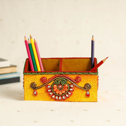 Decorative Handpainted Wooden Pen Stand (7 x 2.5 in)