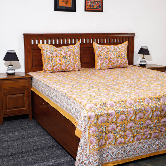 Yellow - Sanganeri Block Printed Cotton Double Bed Cover with Pillow Covers (108 x 90 in)