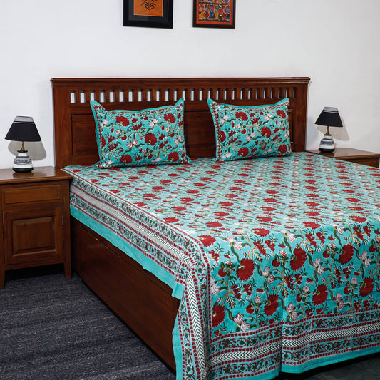 Green - Sanganeri Block Printed Cotton Double Bed Cover with Pillow Covers (108 x 90 in)