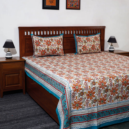 Orange - Sanganeri Block Printed Cotton Double Bed Cover with Pillow Covers (108 x 90 in)