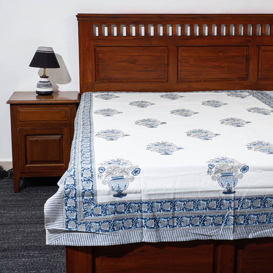 White - Sanganeri Hand Block Printed Cotton Single Bed Cover (90 x 60 in)