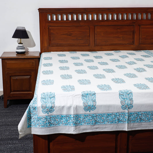 Blue - Sanganeri Hand Block Printed Cotton Single Bed Cover (90 x 60 in)