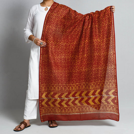 Red - Pipad Block Printed Chanderi Silk Handloom Dupatta
