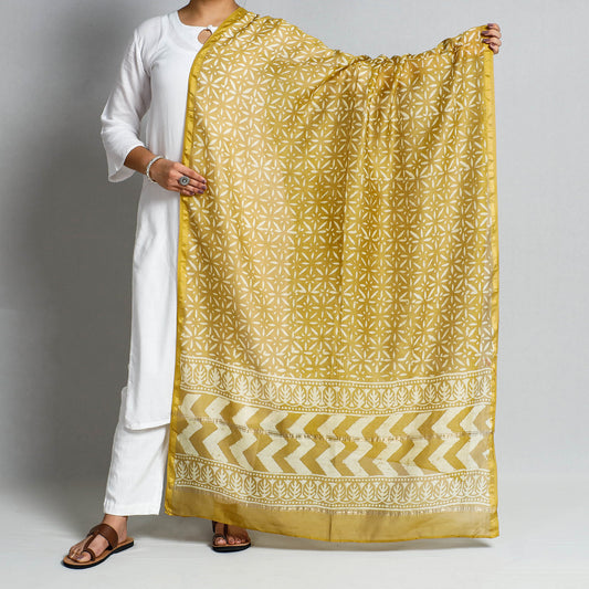 Yellow - Pipad Block Printed Chanderi Silk Handloom Dupatta