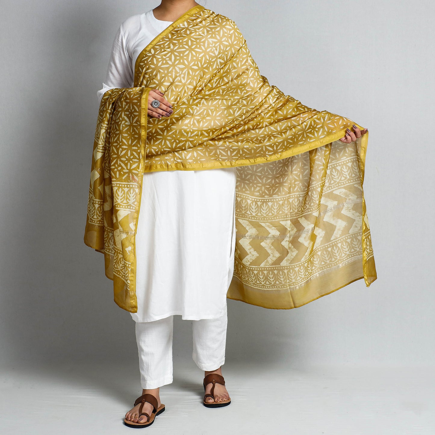 Yellow - Pipad Block Printed Chanderi Silk Handloom Dupatta