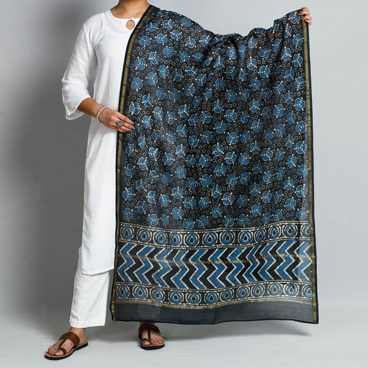 Blue - Pipad Block Printed Chanderi Silk Handloom Dupatta