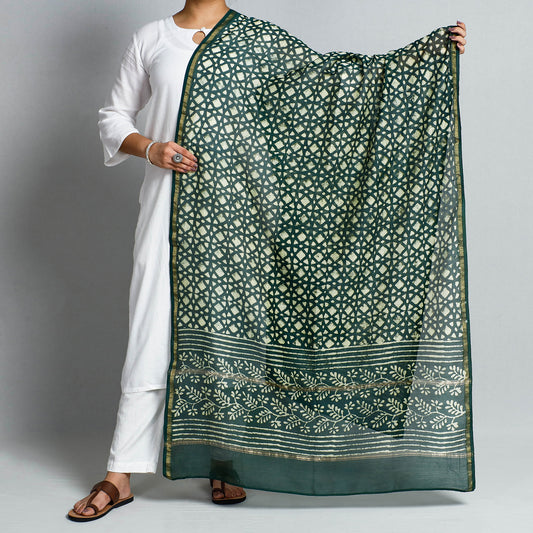 Green - Pipad Block Printed Chanderi Silk Handloom Dupatta