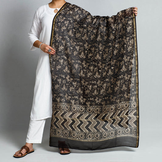 Brown - Pipad Block Printed Chanderi Silk Handloom Dupatta