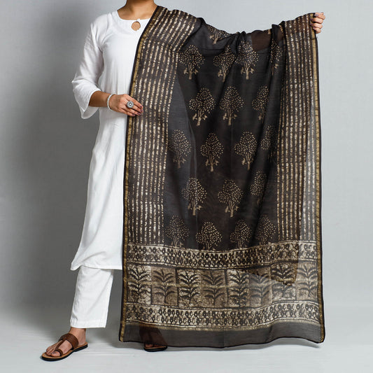 Brown - Pipad Block Printed Chanderi Silk Handloom Dupatta