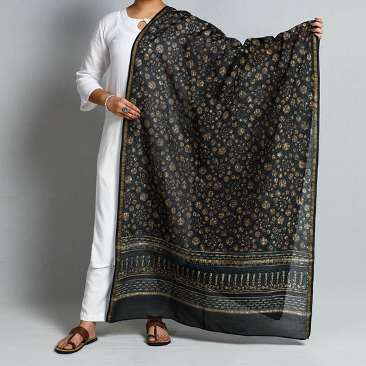 Black - Pipad Block Printed Chanderi Silk Handloom Dupatta