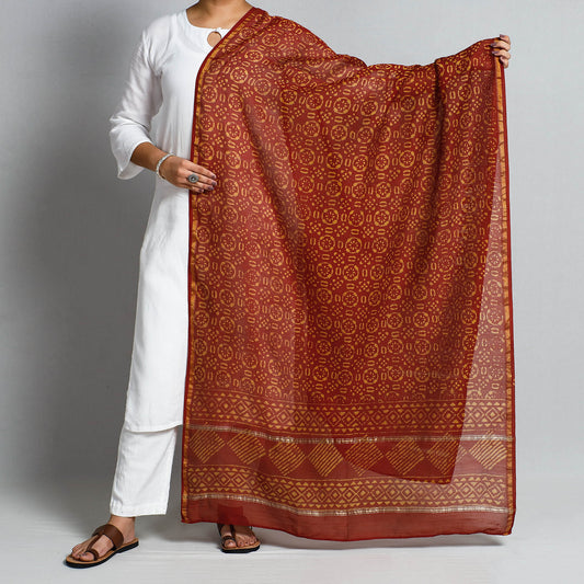 Maroon - Pipad Block Printed Chanderi Silk Handloom Dupatta