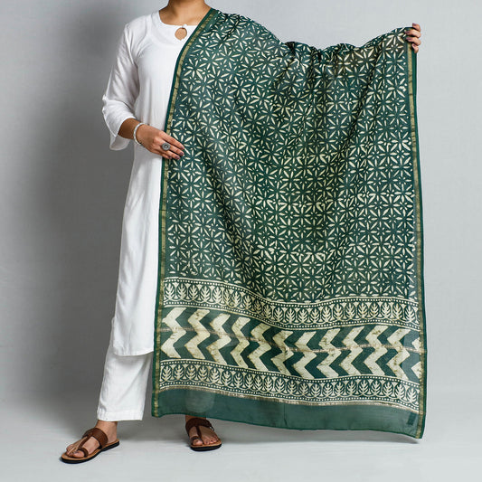 Green - Pipad Block Printed Chanderi Silk Handloom Dupatta