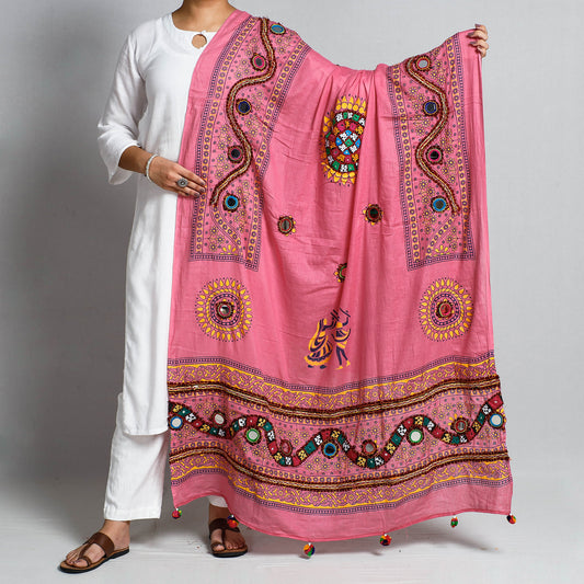 Pink - Kutch Hand Embroidery Mirror Work Printed Cotton Dupatta