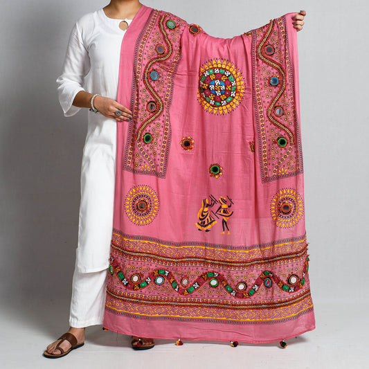 Pink - Kutch Hand Embroidery Mirror Work Printed Cotton Dupatta