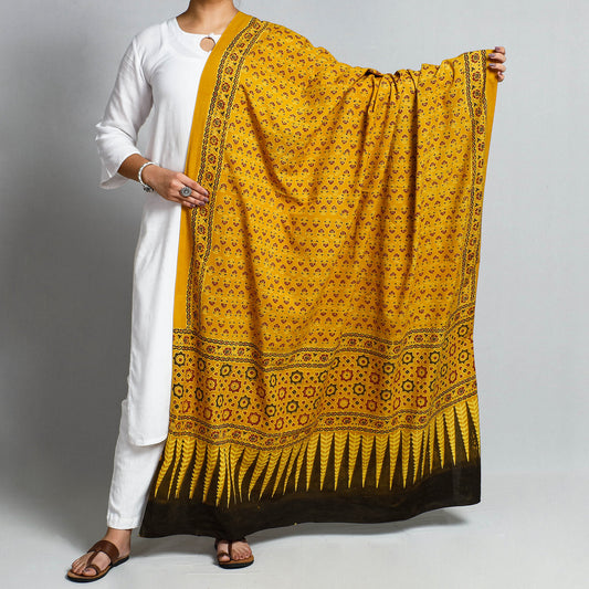Yellow - Ajrakh Hand Block Printed Cotton Dupatta