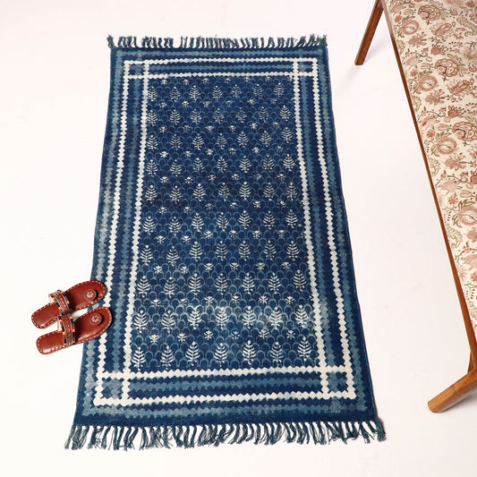Warangal Weave Kalamkari Indigo Block Printed Cotton Durrie / Carpet / Rug (61 x 35 in)