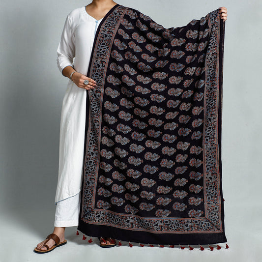Black - Ajrakh Hand Block Printed Cotton Dupatta with Tassels
