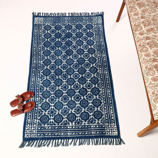 Warangal Weave Kalamkari Indigo Block Printed Cotton Durrie / Carpet / Rug (61 x 35 in)