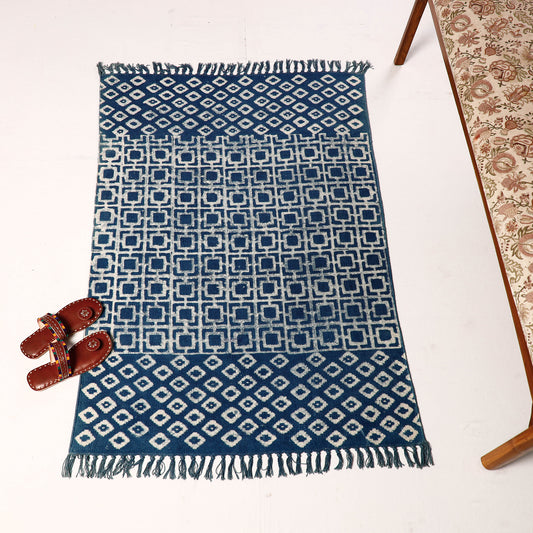 Warangal Weave Kalamkari Indigo Block Printed Cotton Durrie / Carpet / Rug (50 x 38 in)