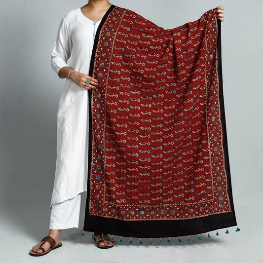 Red - Ajrakh Hand Block Printed Cotton Dupatta with Tassels
