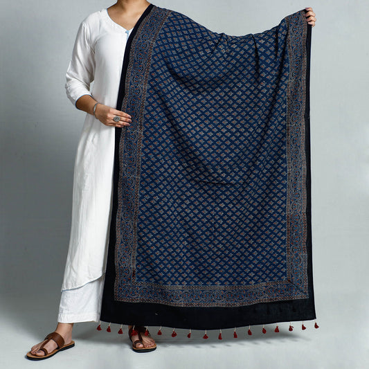 Blue - Ajrakh Hand Block Printed Cotton Dupatta with Tassels