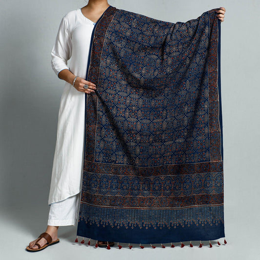 Blue - Ajrakh Hand Block Printed Cotton Dupatta with Tassels