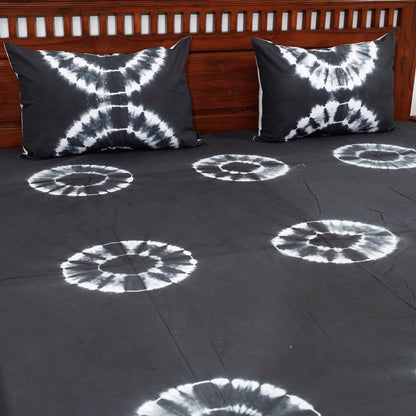 Black - Shibori Tie Dye Pure Cotton Double Bed Cover with Pillow Covers (108 x 90 in)