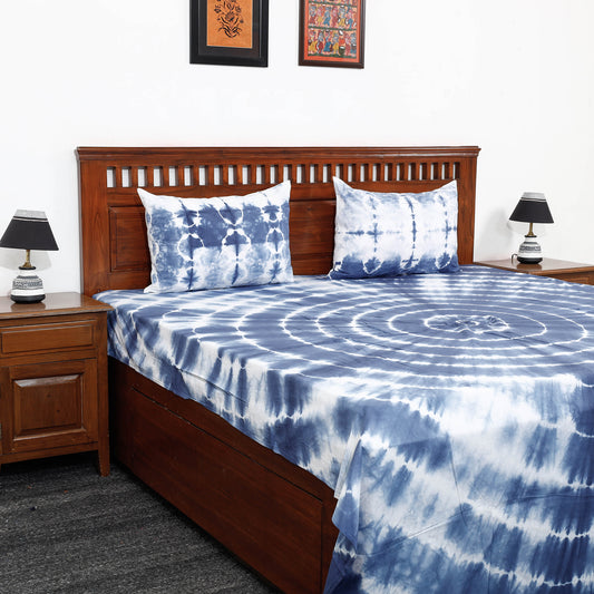 Blue - Shibori Tie Dye Pure Cotton Double Bed Cover with Pillow Covers (108 x 90 in)