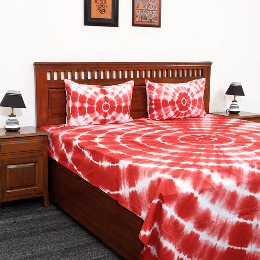 Red - Shibori Tie Dye Pure Cotton Double Bed Cover with Pillow Covers (108 x 90 in)