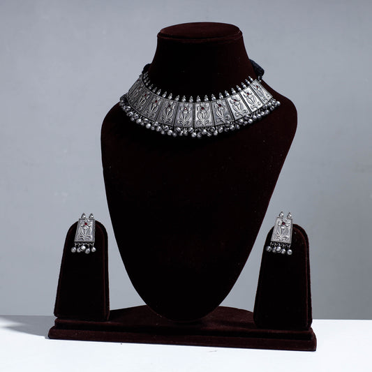 Antique Silver Finish Oxidised Brass Base Necklace Set