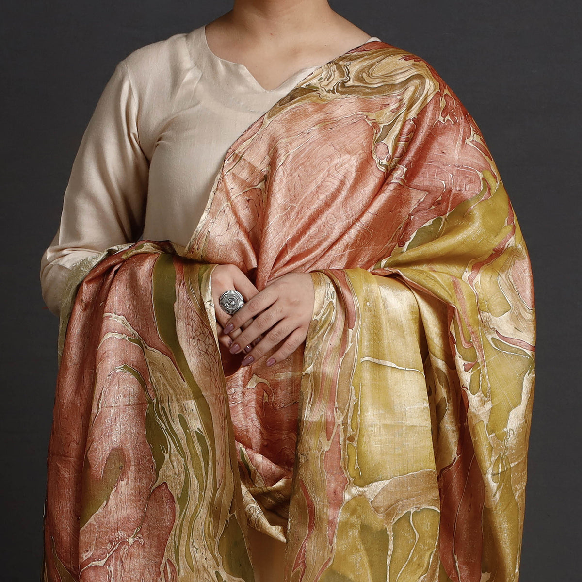 Multicolor - Banana Silk Marble Printed Dupatta with Tassels