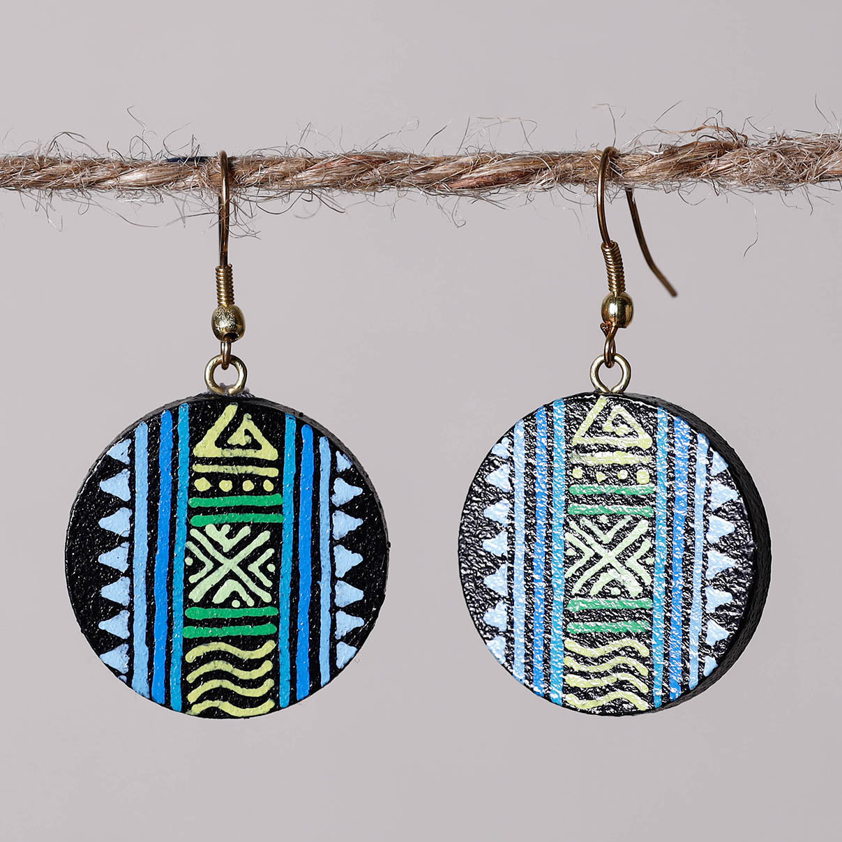 Native American Painted Earrings Blue Miniature Handpainted Wooden