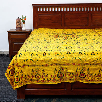 Yellow - Bengal Kantha Embroidered Cotton Single Bed Cover (119 x 69 in) 01