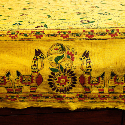 Yellow - Bengal Kantha Embroidered Cotton Single Bed Cover (119 x 69 in) 01