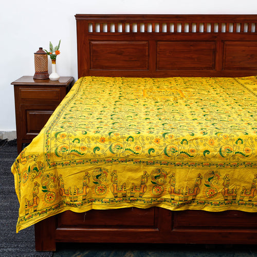 Yellow - Bengal Kantha Embroidered Cotton Single Bed Cover (119 x 69 in) 02