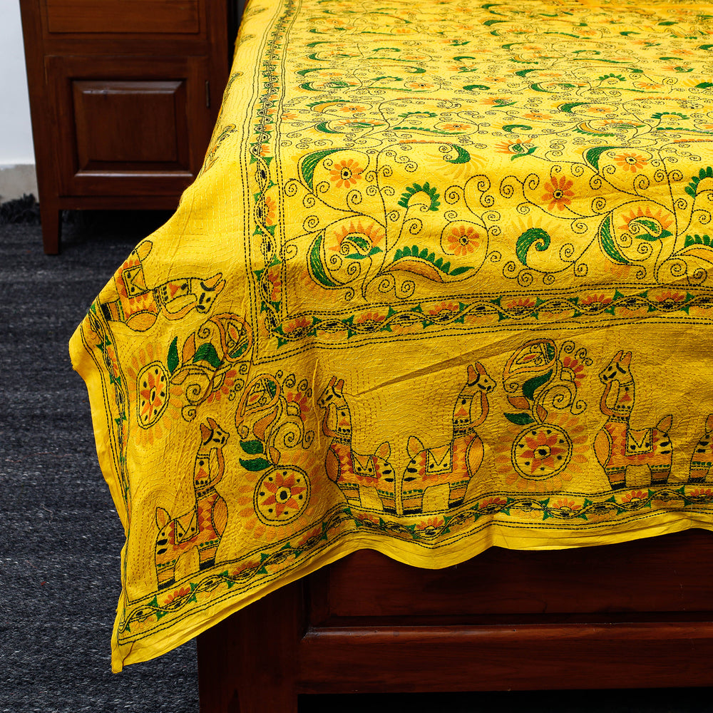 Yellow - Bengal Kantha Embroidered Cotton Single Bed Cover (119 x 69 in) 02