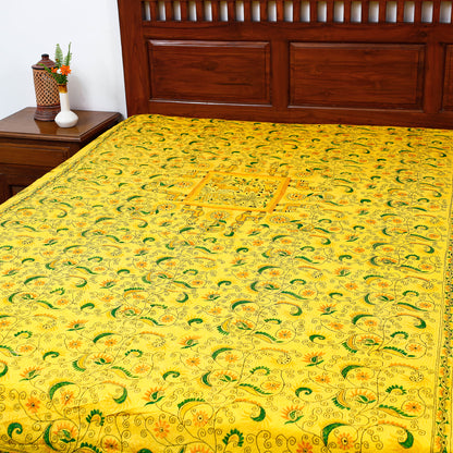 Yellow - Bengal Kantha Embroidered Cotton Single Bed Cover (119 x 69 in) 02
