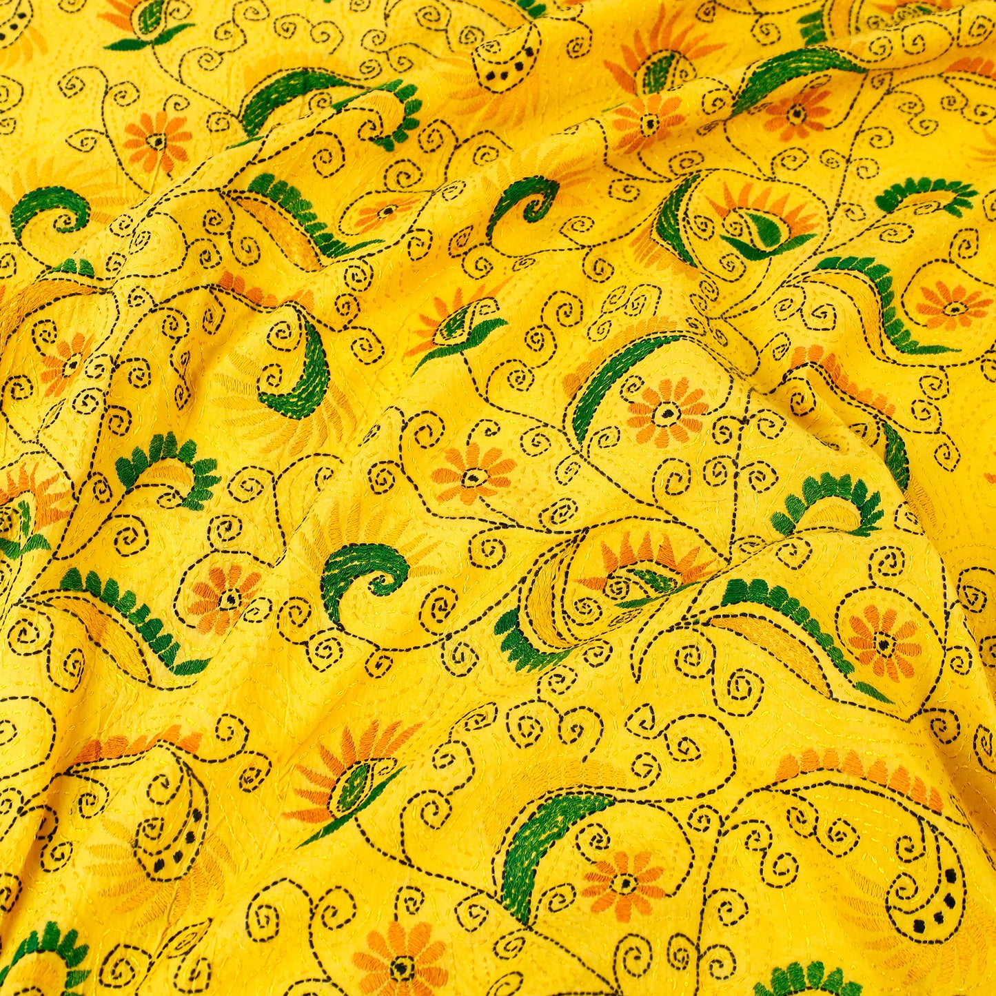 Yellow - Bengal Kantha Embroidered Cotton Single Bed Cover (119 x 69 in) 02
