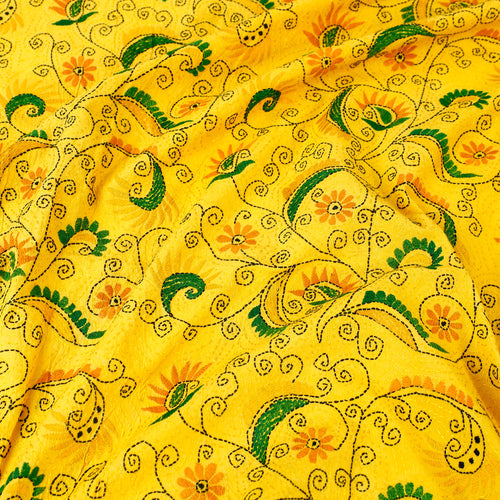 Yellow - Bengal Kantha Embroidered Cotton Single Bed Cover (119 x 69 in) 02