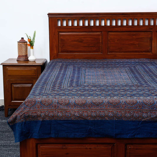 Blue - Ajrakh Block Printed Cotton Single Bed Cover (90 x 60 in)