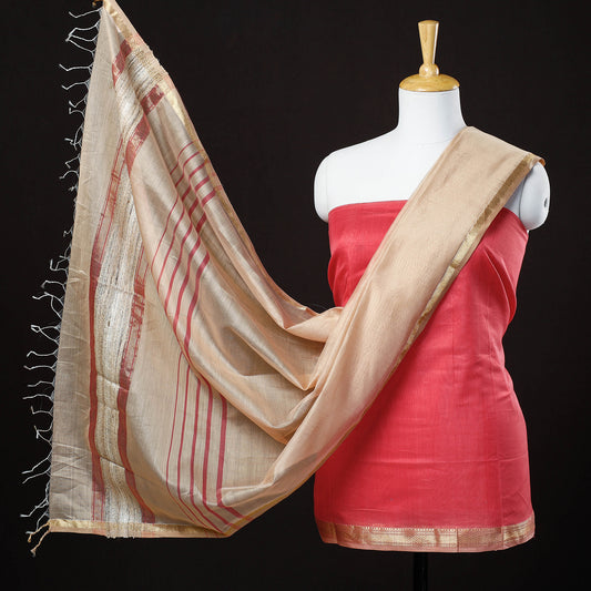 Pink - 2pc Maheshwari Silk Cotton Zari Work Handloom Suit Material Set