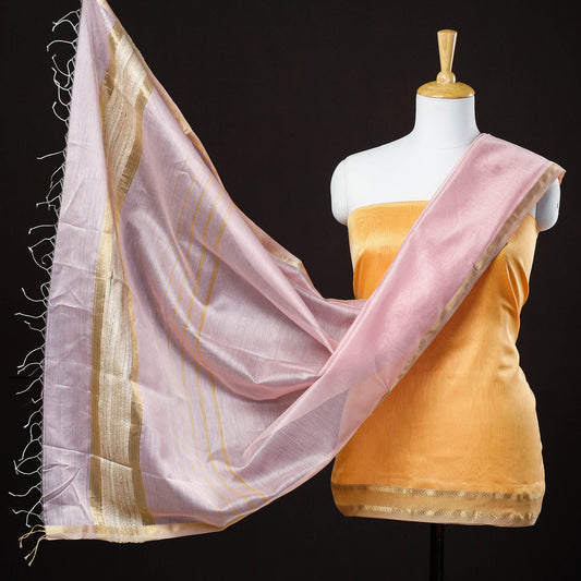 Yellow - 2pc Maheshwari Silk Cotton Zari Work Handloom Suit Material Set